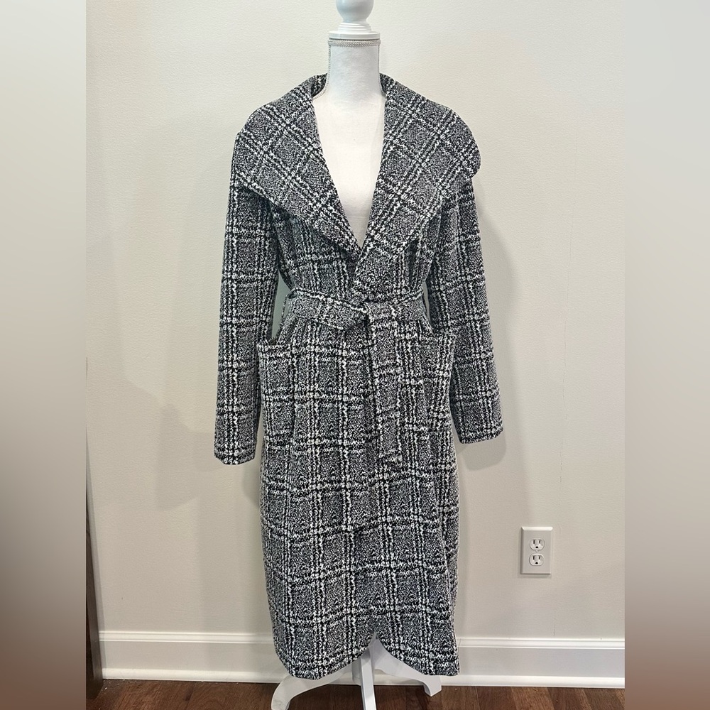 Women's Gray Black and White Plaid Pea Coat